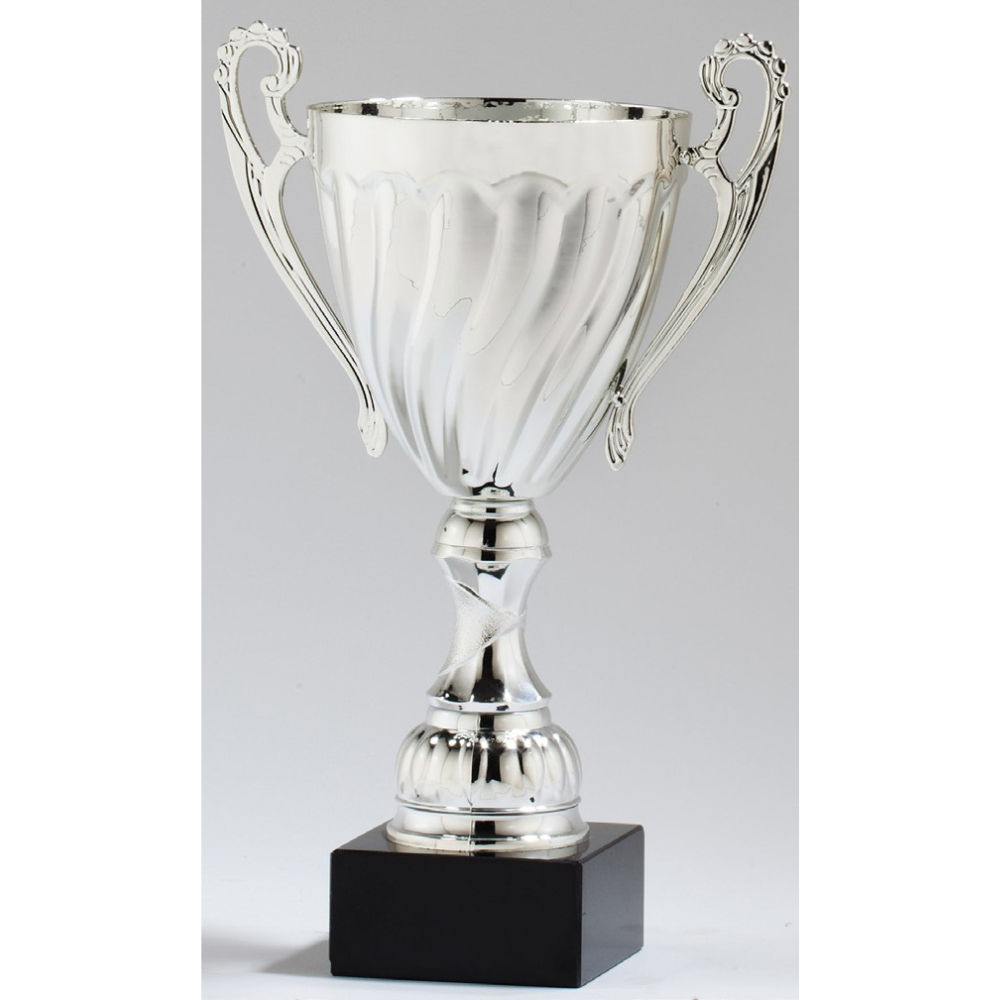 Silver metal twist trophy cup with ornate handles and a black marble base.