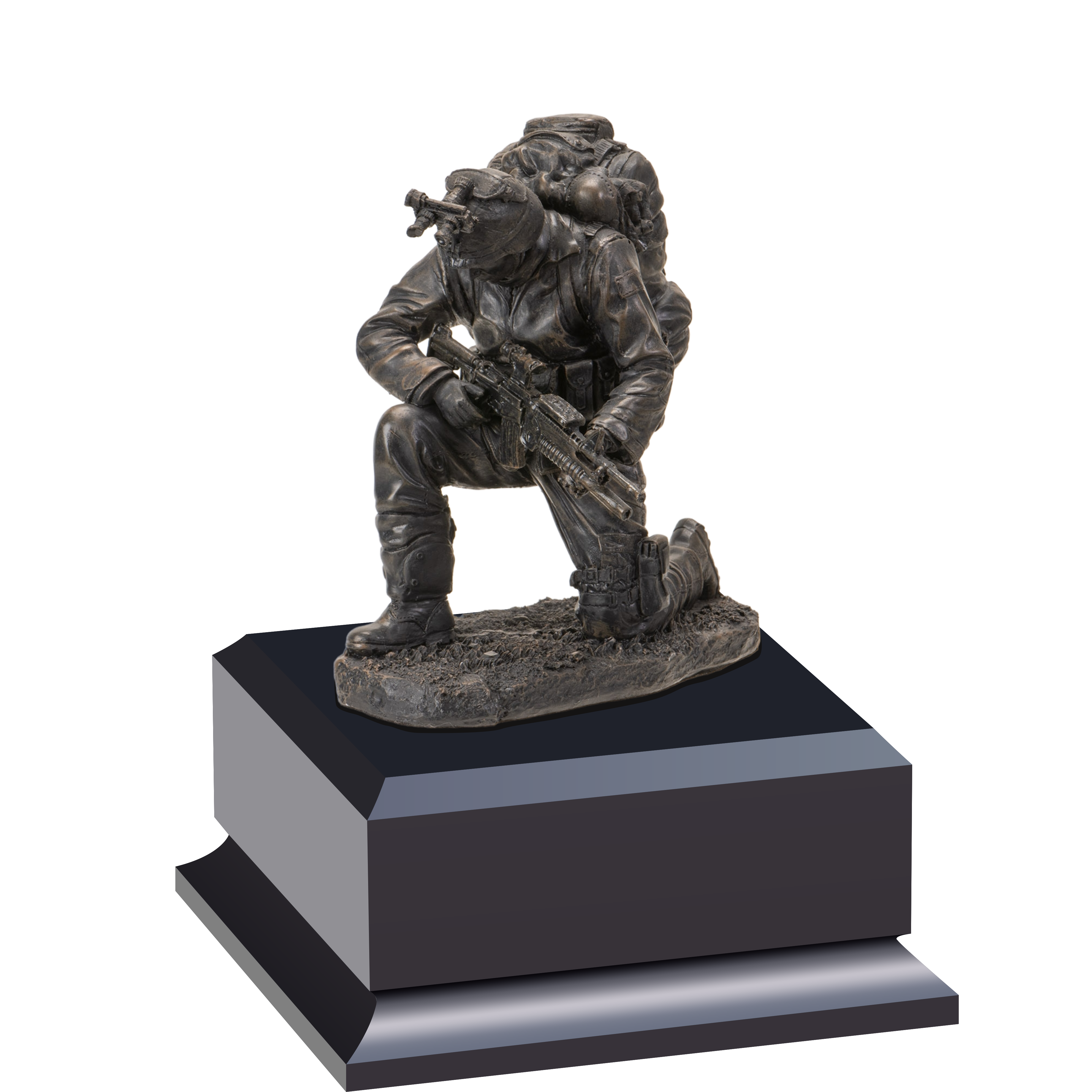 Bronze soldier statue kneeling with rifle on a black base.