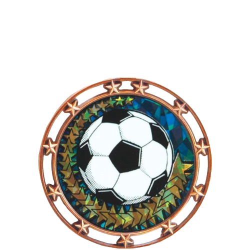 2.5" antiqued bronze star medal with a soccer ball Mylar insert and star cutouts.