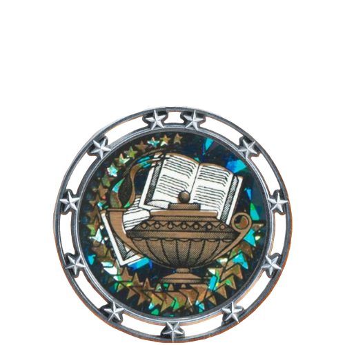 2.5" silver star medal with a colorful academic lamp and open book design.