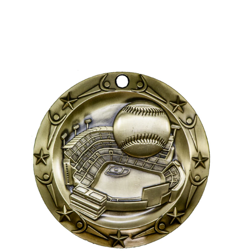 3" gold World Class Medallion medal for baseball, featuring a detailed stadium and ball design with star accents.