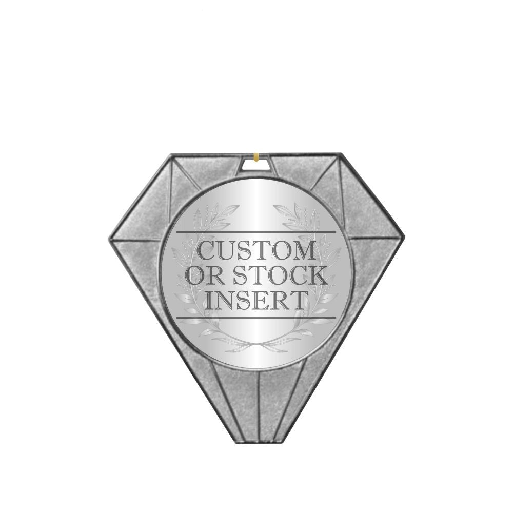 Silver jewel medal with a round "CUSTOM OR STOCK INSERT" area.