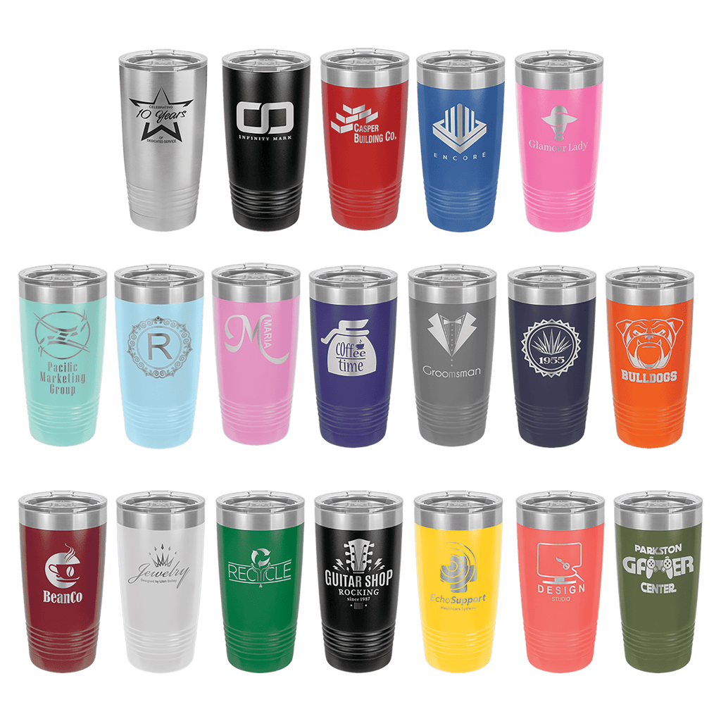 Assortment of 20 oz. stainless steel vacuum insulated Ringneck tumblers in various colors with clear lids and custom logos.