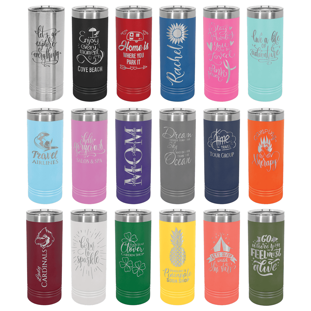 Assortment of 22 oz. stainless steel skinny tumblers with slider lids in various colors and engraved designs.