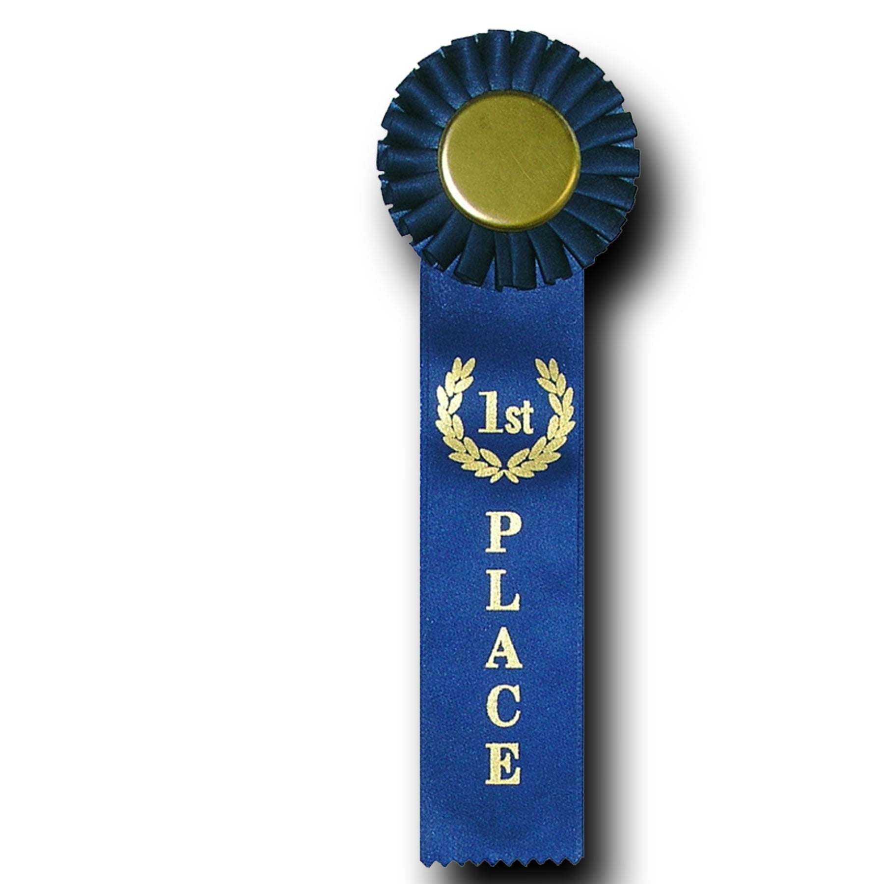 Navy blue rosette ribbon with a gold center and "1st PLACE" printed in gold.