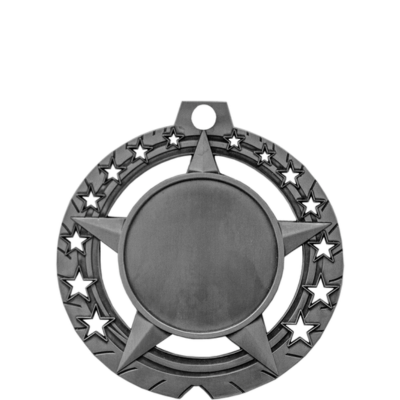 Silver Jumbo Star Medallion, 3.75-inch, with a 2-inch blank insert area and star-studded border.