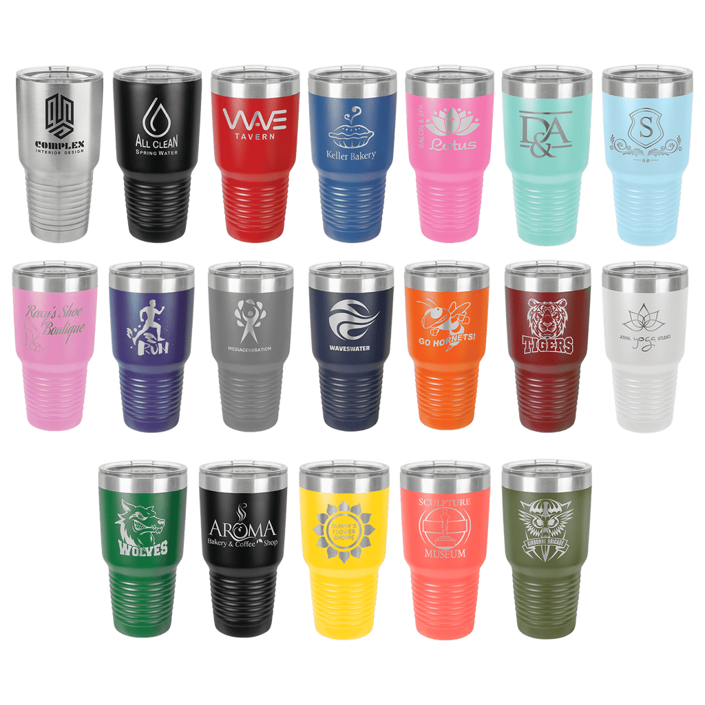 Assortment of 20 custom 30 oz. stainless steel vacuum insulated tumblers in various colors with clear lids.