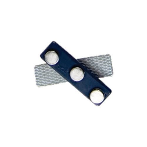 Dark blue magnetic name badge back with three silver magnets.