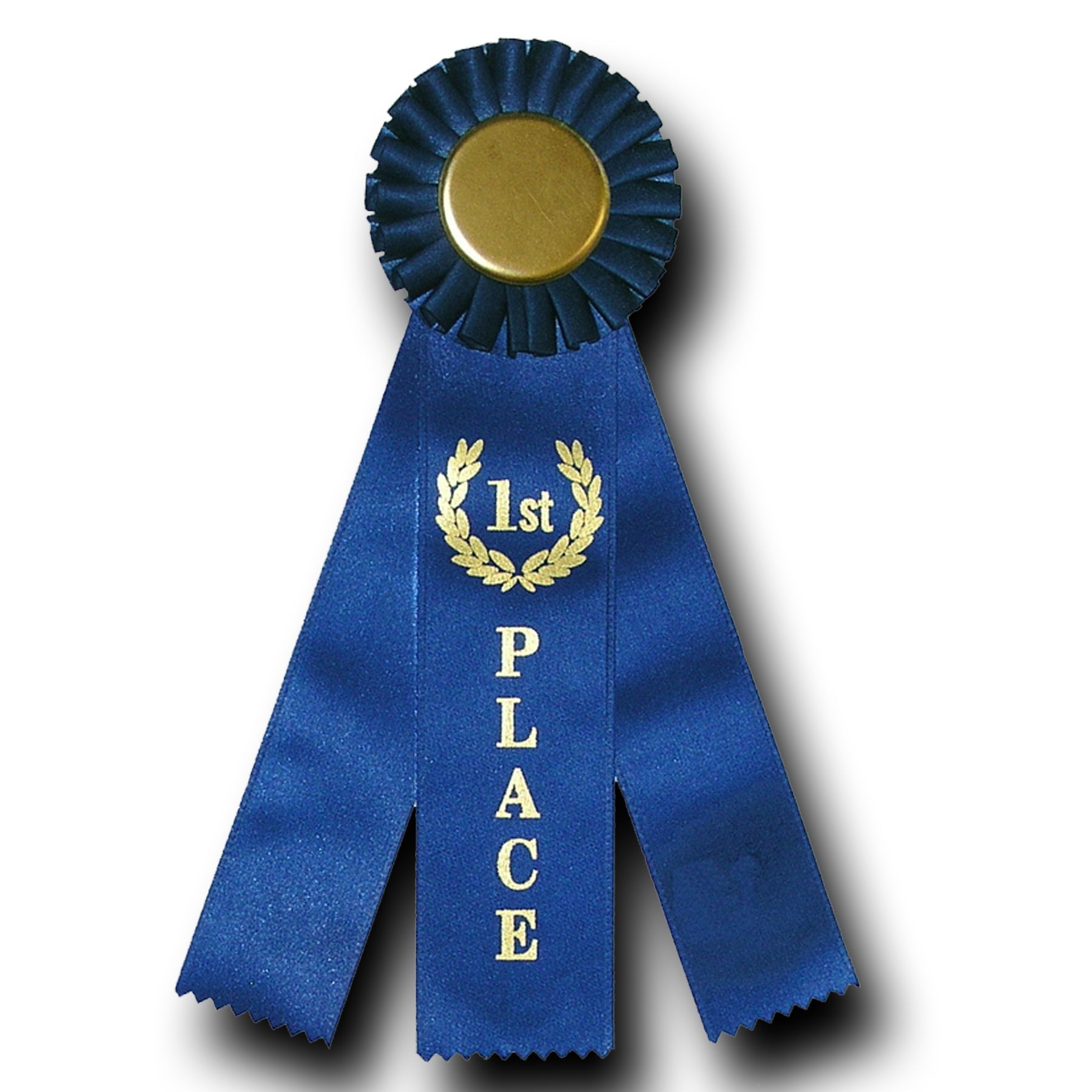 Blue 3-ribbon rosette award with a gold center and "1st PLACE" text.