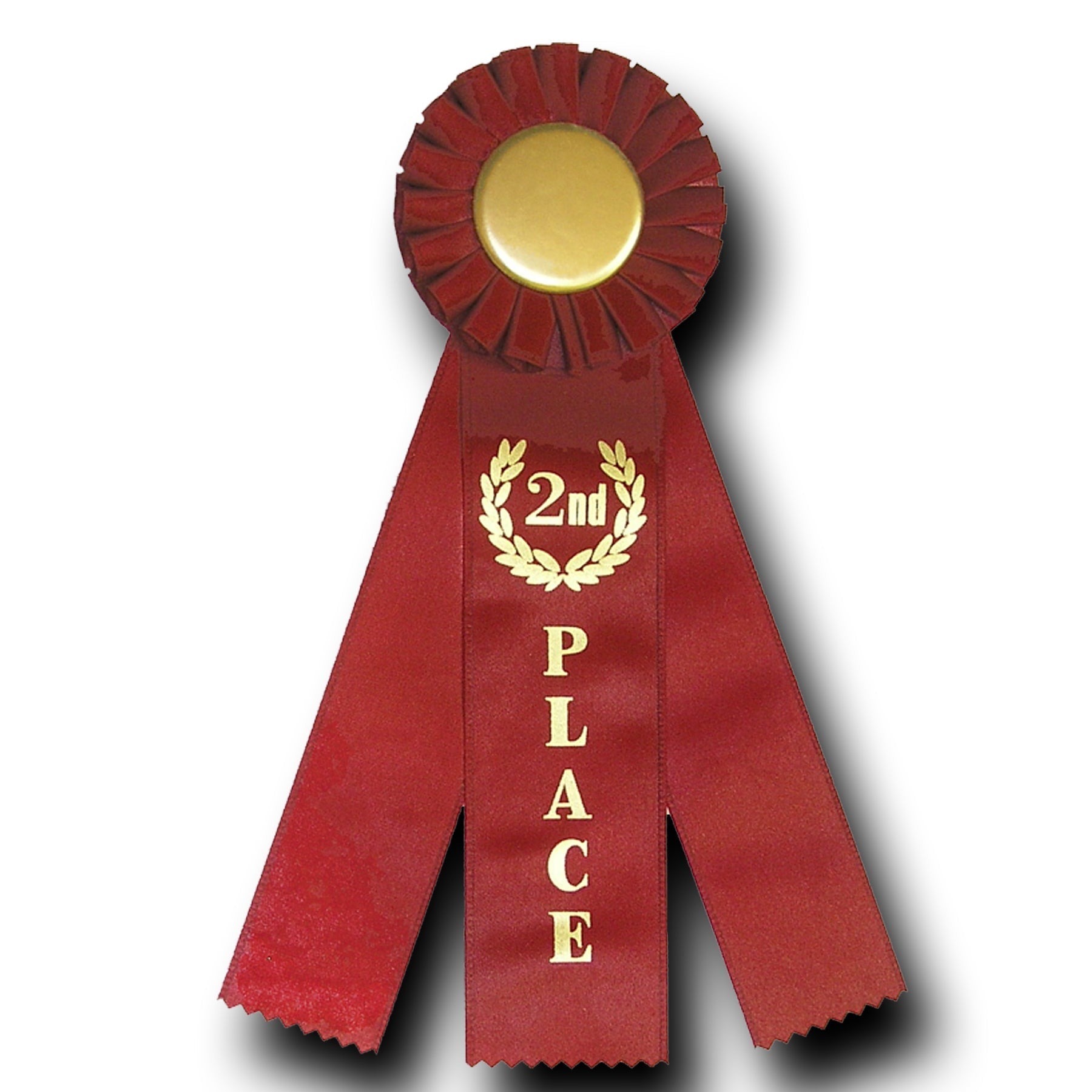 Red 2nd Place rosette ribbon with a gold center and three hanging ribbons.