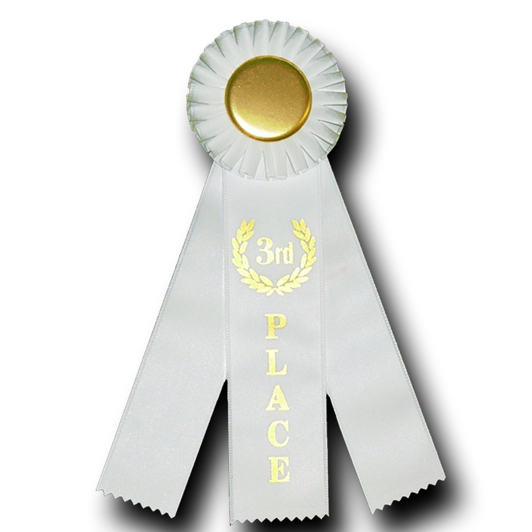 White 3rd Place rosette ribbon with a gold center and three pleated ribbons.
