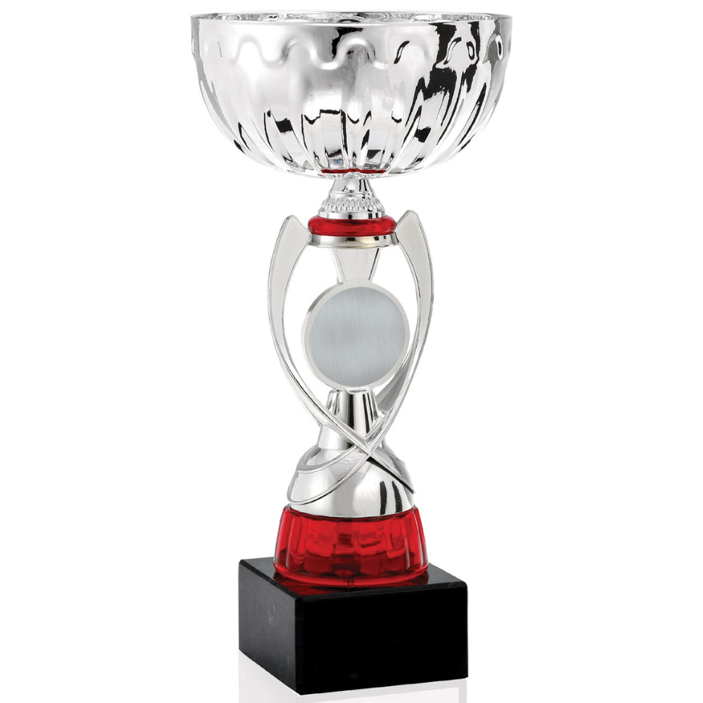 Silver chalice cup award with a unique insert area, red accents, and a black ebony base.