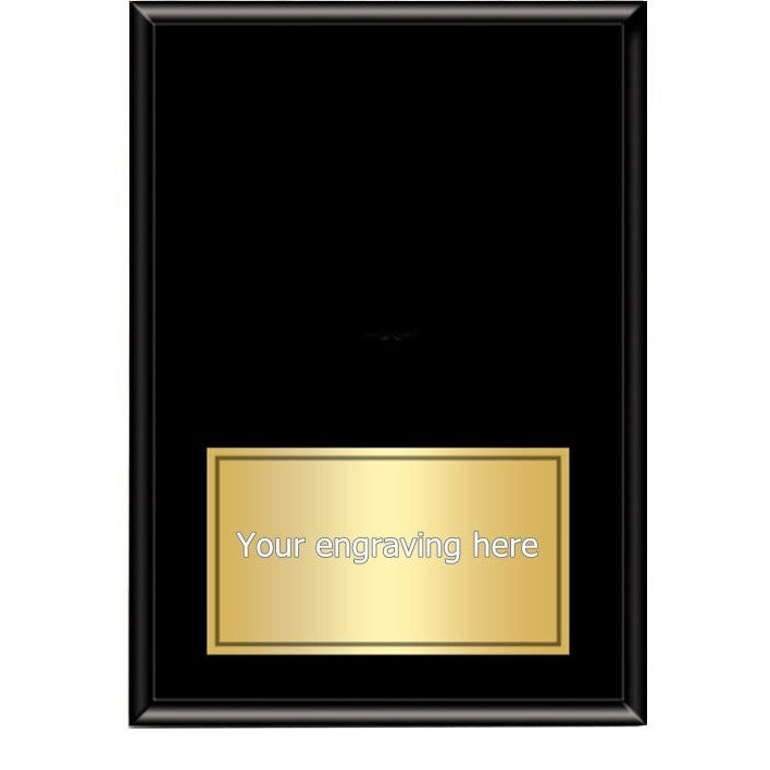 Ebony finished plaque with a gold-tone engraving plate for personalized text.