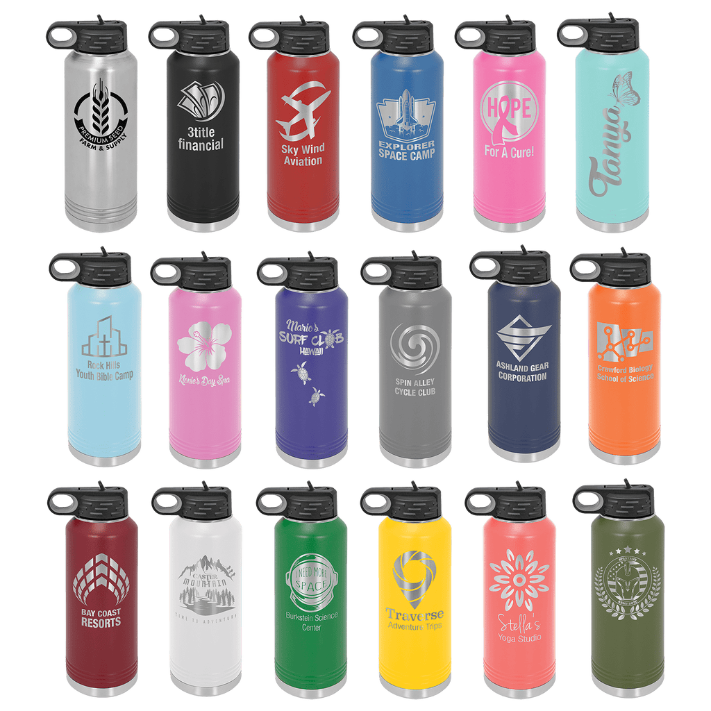 Assortment of 18 personalized 40 oz. stainless steel water bottles in various bold colors with flip-top lids.