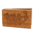 Elegant wood cribbage game gift set, laser-engraved with "Cribbage" and card suits, closed.