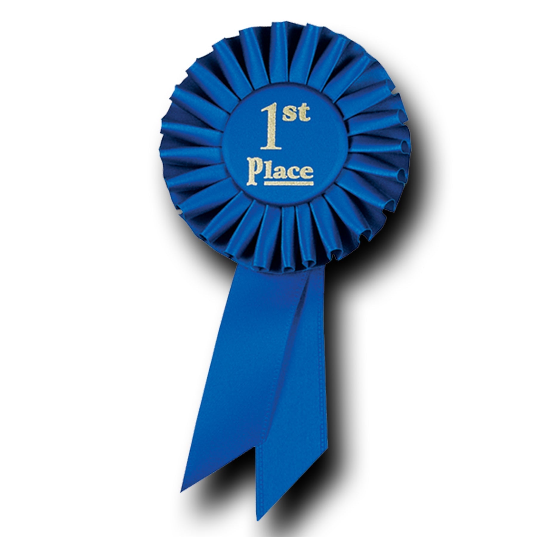 Blue rosette ribbon with "1st Place" in gold, featuring two streamers.