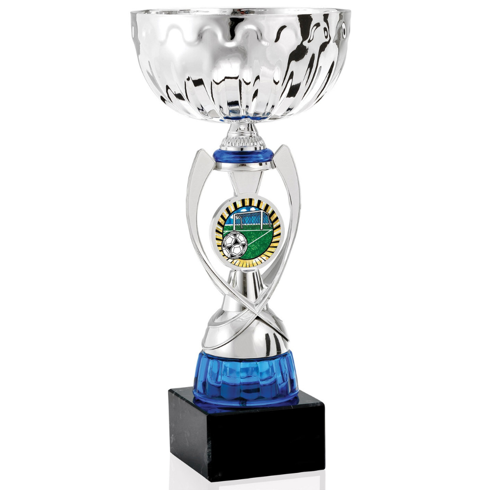 Silver chalice trophy with blue accents, a soccer ball insert, and a black ebony base.