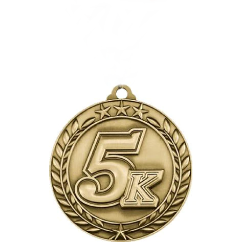 Antique gold Wreath 5K medallion with three stars and laurel leaf border.
