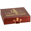 Rosewood finish executive golf set case with gold "Long Drive Oceanside Golf Resort" engraving and brass hardware.