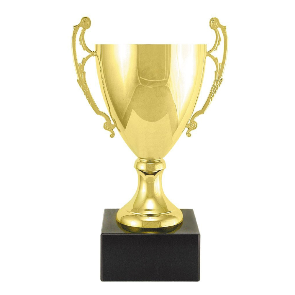 Traditional Italian style gold metal cup with ornate handles on a black marble base.