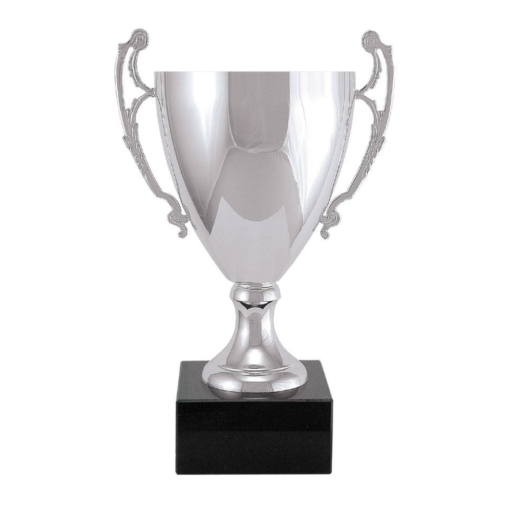 Traditional style Italian silver metal cup with ornate handles on a black marble base.