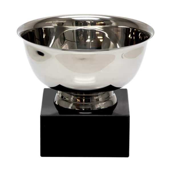 Shiny silver Revere bowl with a classic design, resting on a black rectangular base.