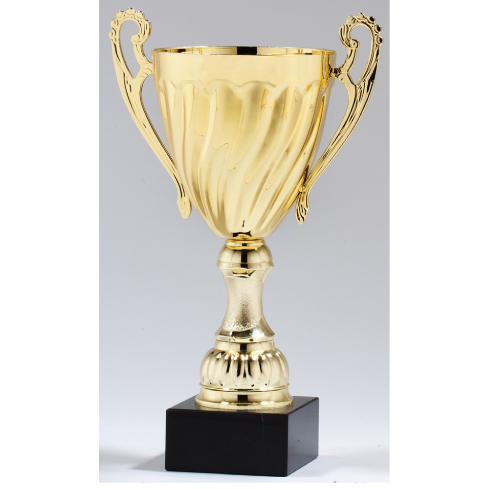Gold metal twist trophy cup with ornate handles and a black marble base.