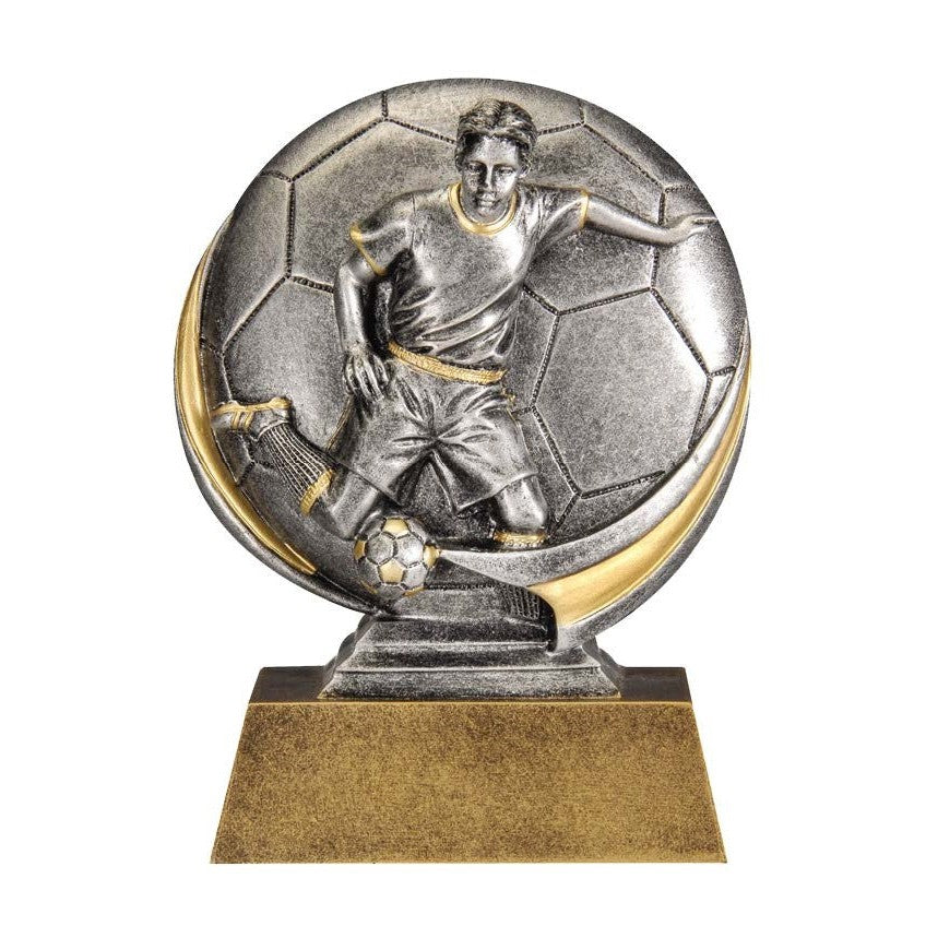 Silver and gold resin Motion X Circle of Excellence soccer award with a player and ball.