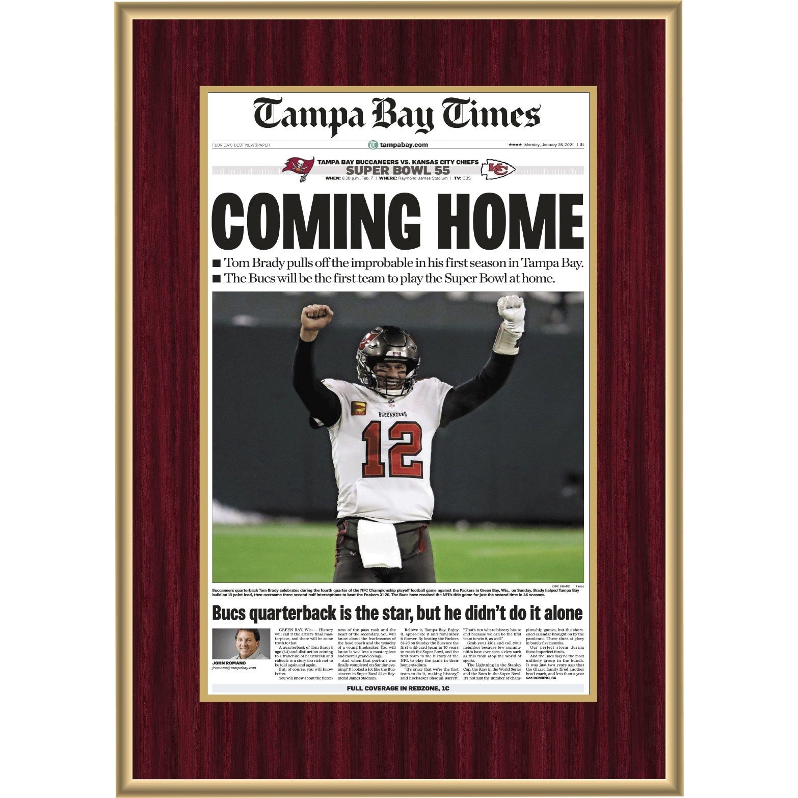 Laminated newspaper article plaque with a dark red wood frame, featuring a "Tampa Bay Times" Super Bowl headline.