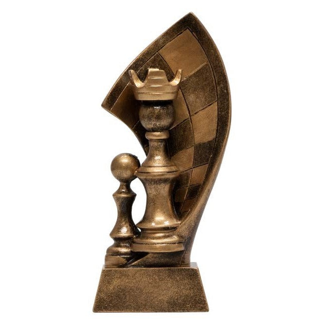 6.25" bronze resin Chess Award featuring a king and pawn chess piece against a checkered, sweeping background.