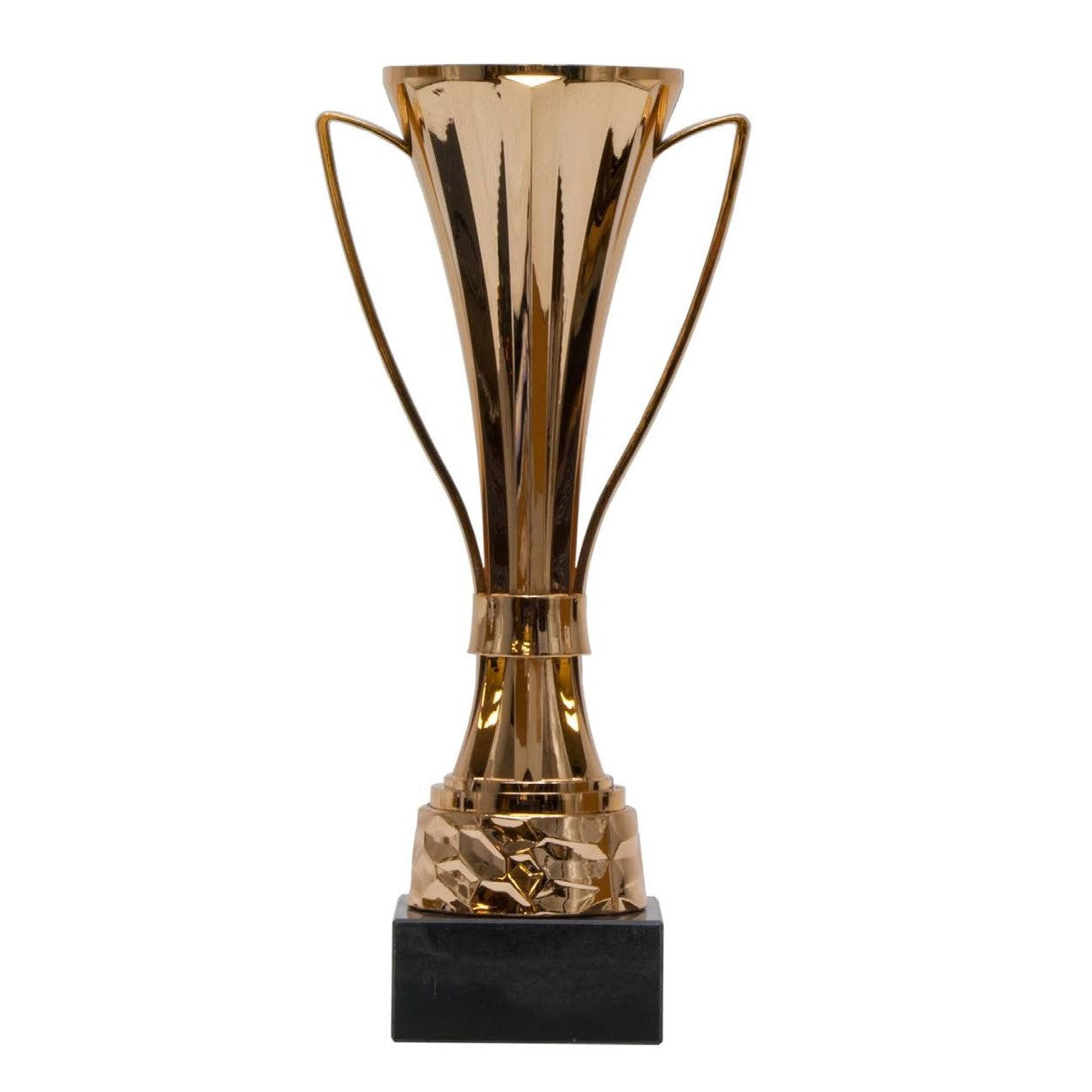 Modern gold flared loving cup trophy with slender handles and a black ebony base.