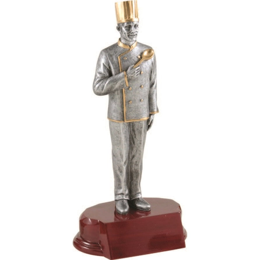 9.25" Chef Award statue: silver chef with gold accents, holding a spoon, on a dark wood base.