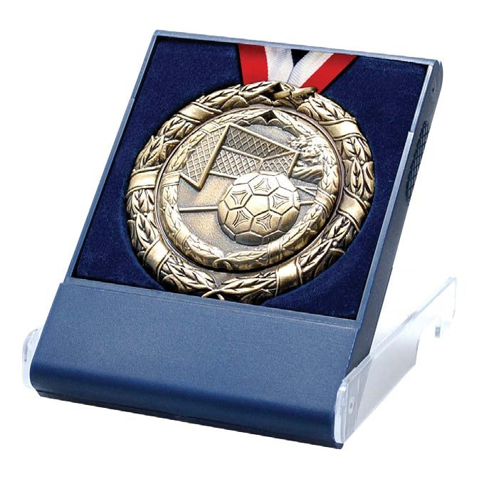 Acrylic medallion display case with a bronze soccer medal on a blue velvet interior and a red, white, and blue ribbon.