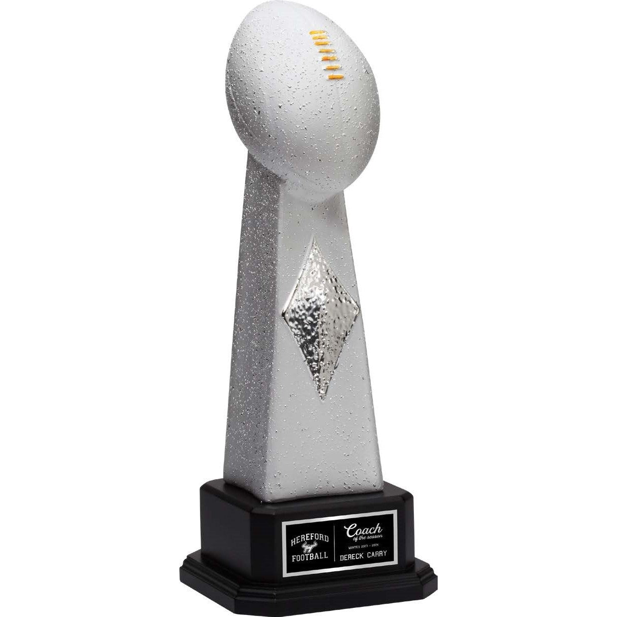 Silver ceramic football trophy with gold highlights, an ebony pedestal, and a personalized plate.