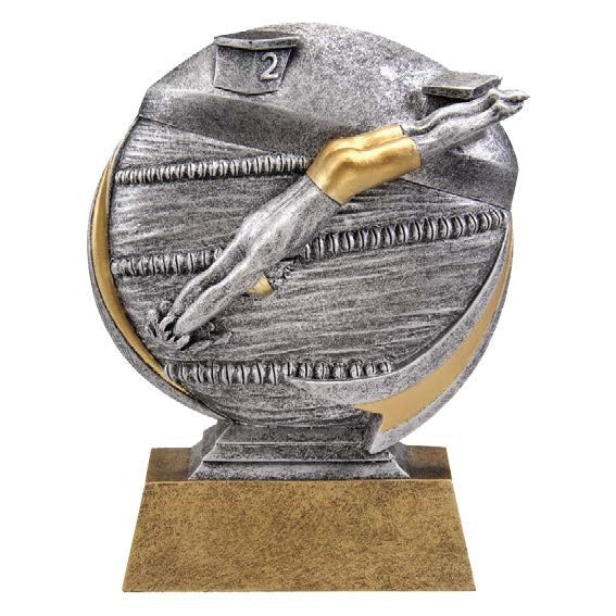 Silver and gold 5.25" Motion X Circle of Excellence resin award with a swimmer design and blank gold plate.