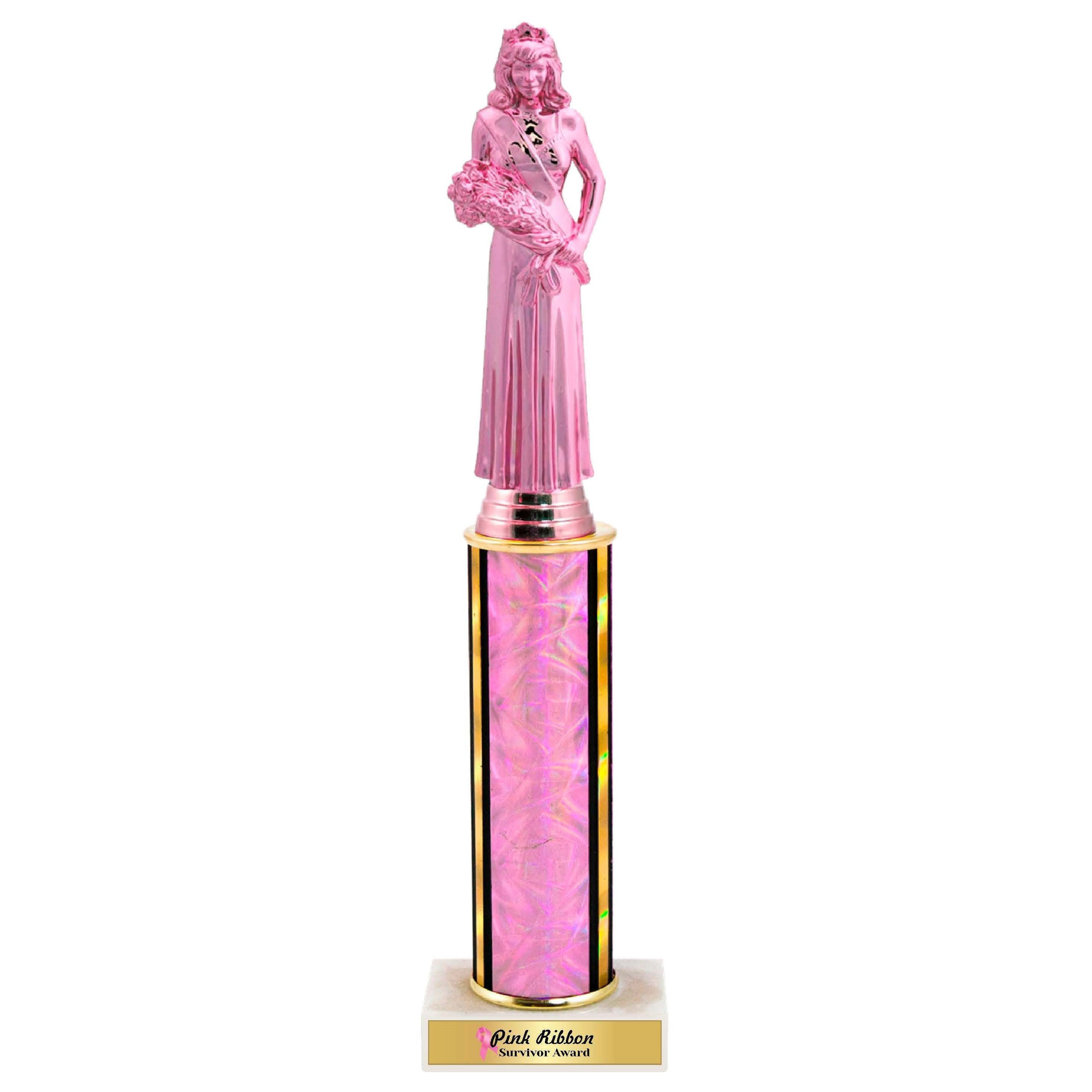 Pink ribbon survivor trophy with a shiny pink round column and a pink female figure holding flowers.