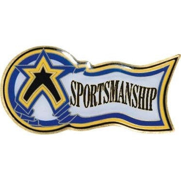 Gold-edged "Sportsmanship" award pin with a blue and yellow star design on a white background.