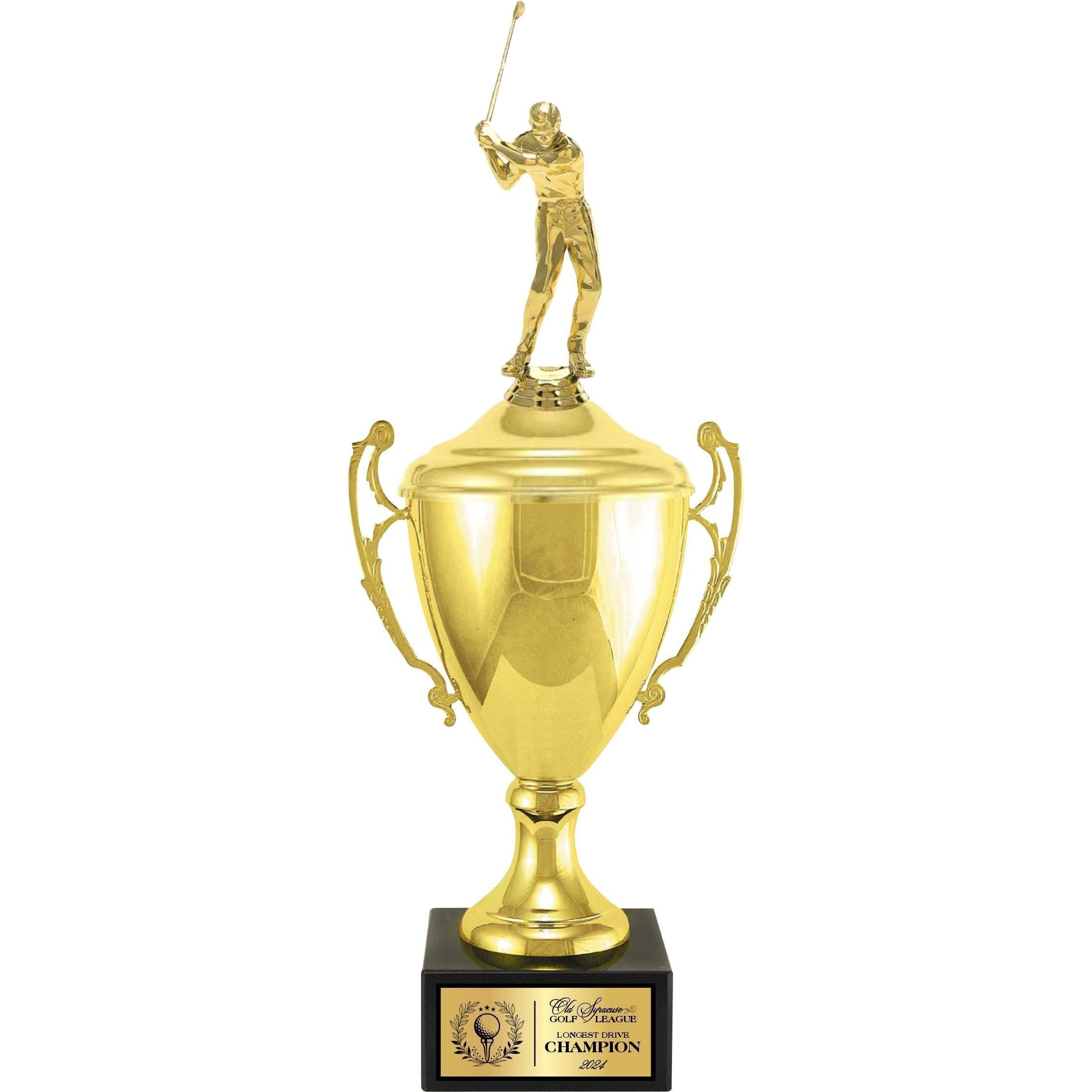 Gold Italian metal cup with lid, handles, and a golfer figure on a black marble base.