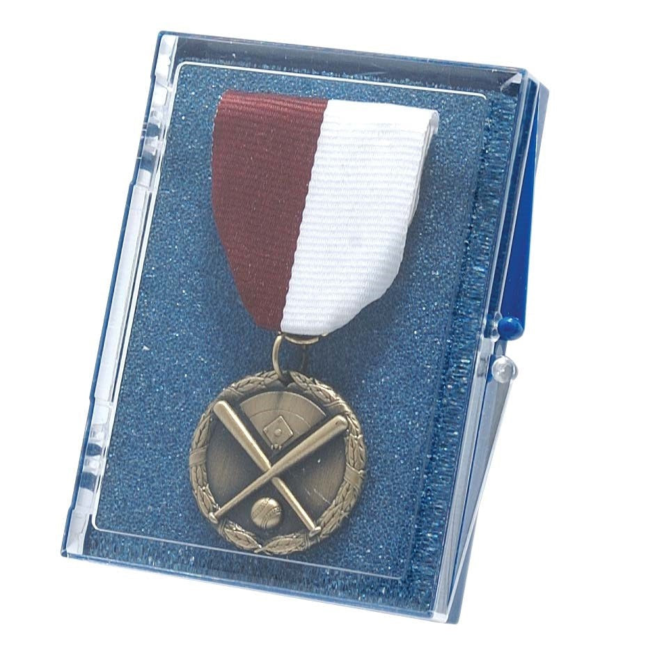 Acrylic medallion display case with a bronze baseball medal on a red and white ribbon drape.