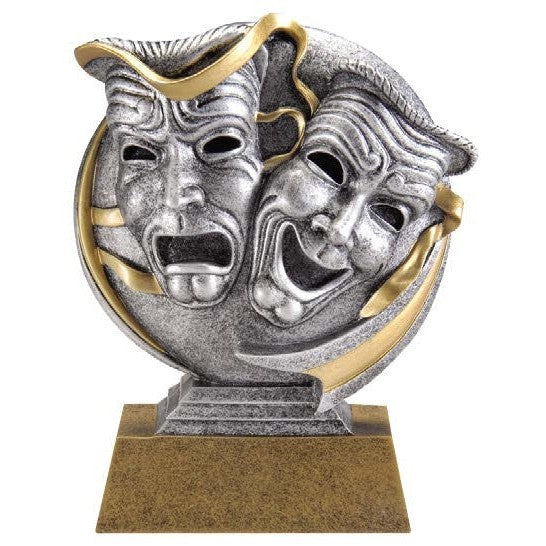 Silver and gold resin Motion X Circle of Excellence award with comedy and tragedy masks.