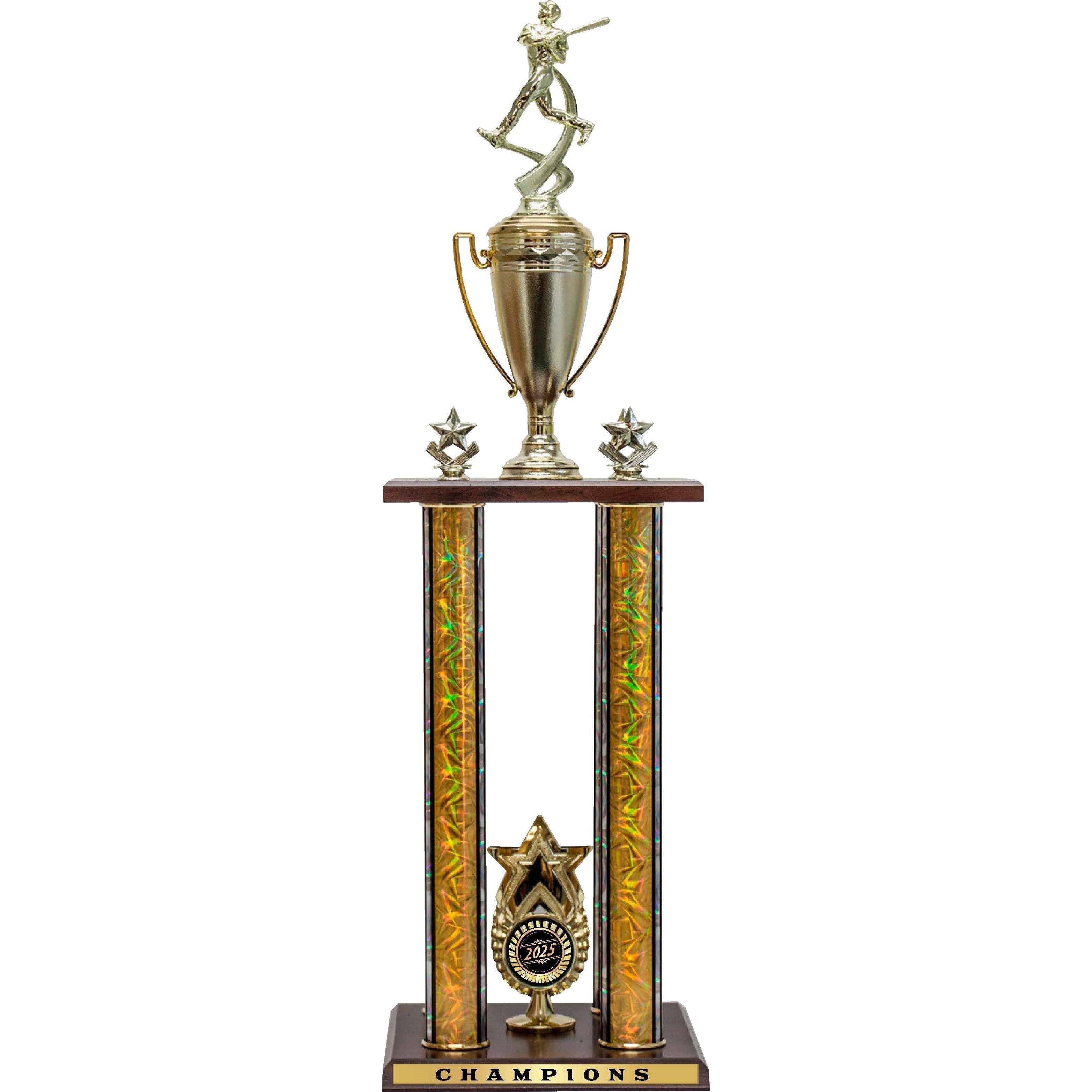 Gold two-tier 4-post trophy with a baseball player figure, star accents, and a "Champions" walnut base.