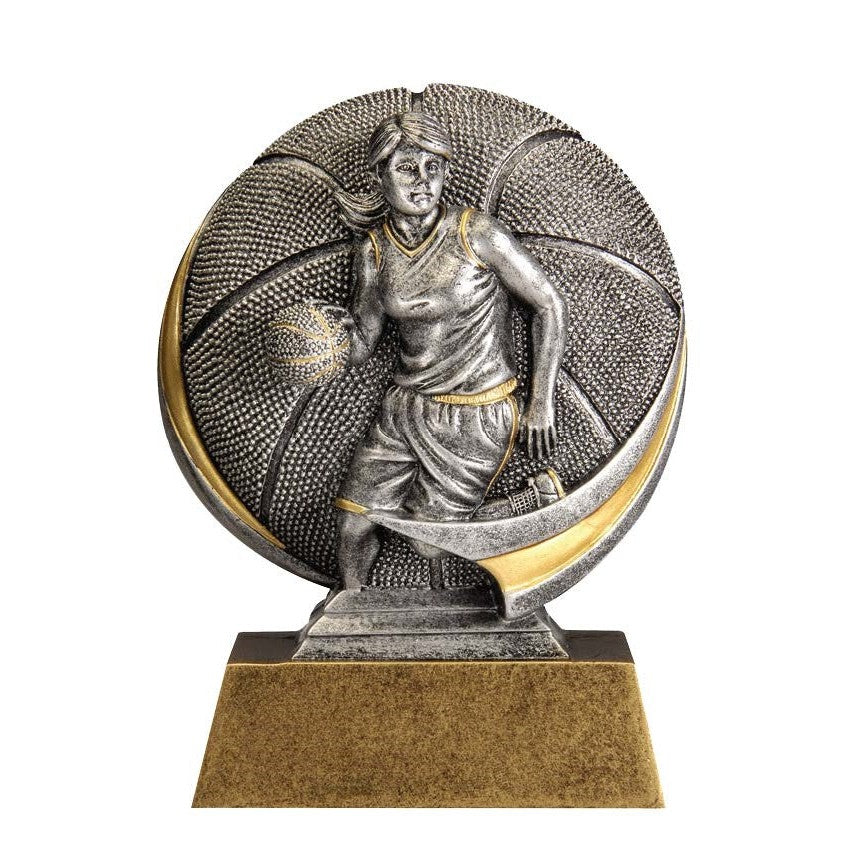 Silver and gold resin basketball award, 5.25" Circle of Excellence, featuring a female player dribbling.