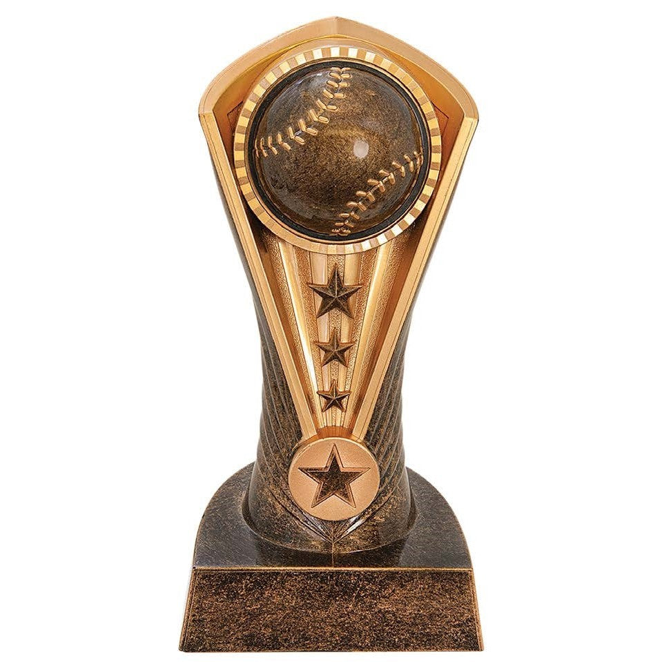 Bronze and gold Cobra Series baseball/softball trophy with a baseball, stars, and a personalization plate.