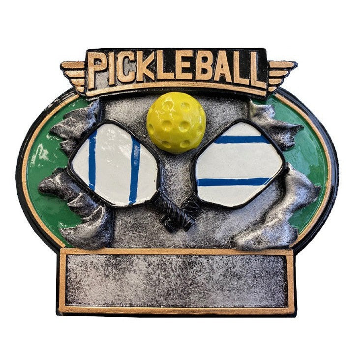 Full-color Burst Thru Pickleball Resin award with yellow ball, two paddles, and customizable plate.