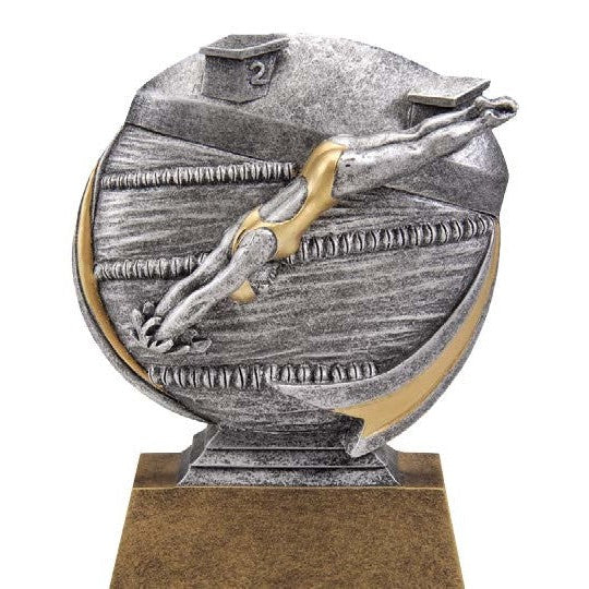 Silver and gold Motion X 5.25" Circle of Excellence resin award with a swimmer design.