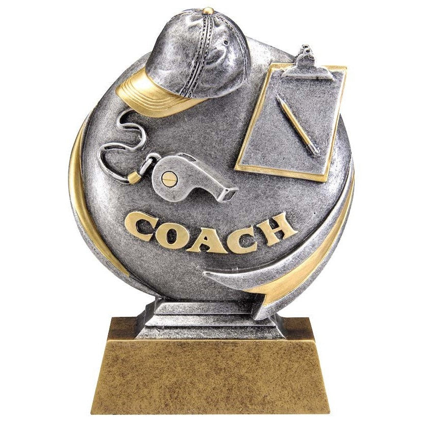 5.25" Motion X Silver & Gold Circle of Excellence resin award with coach's hat, whistle, clipboard, and "COACH" text.