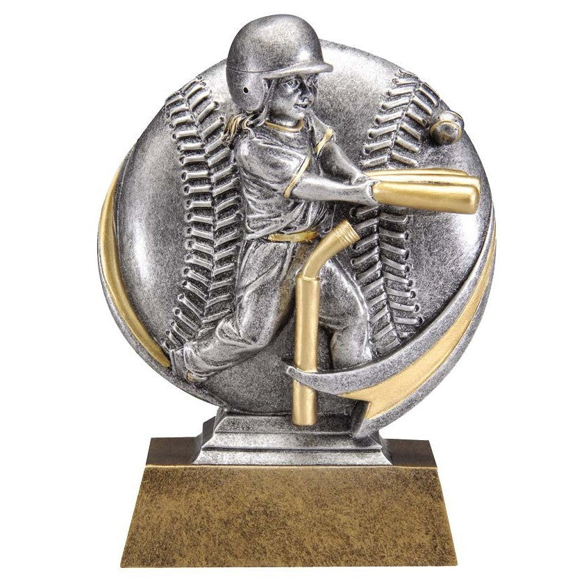 Silver and gold 5.25" Motion X resin award with a baseball player batting, set on a gold base.