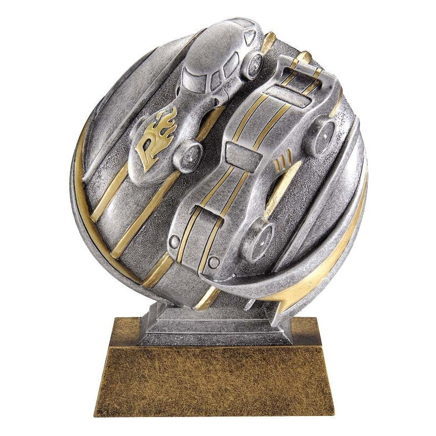 Silver and gold 5.25" Motion X resin award with two race cars on a circular design and a base.