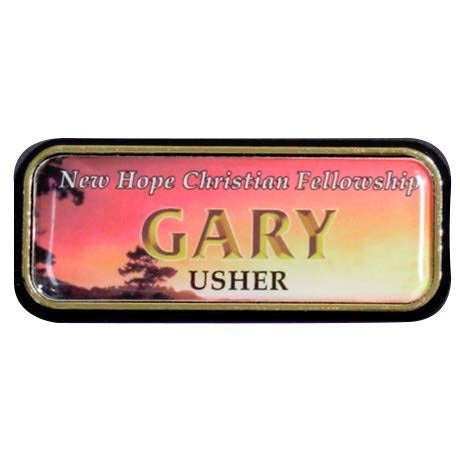1" x 3" full-color epoxy dome name badge with black frame, featuring a sunset design and "Gary Usher.