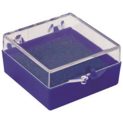 Small square royal blue lapel pin box with clear lid and dark blue foam insert.